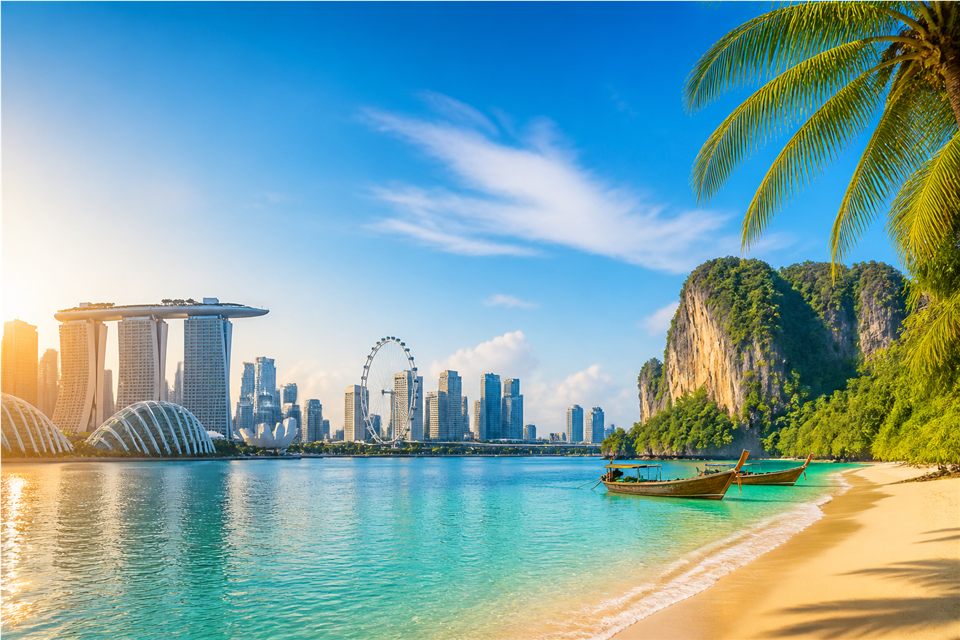Singapore skyline and Thailand beach travel package placeholder
