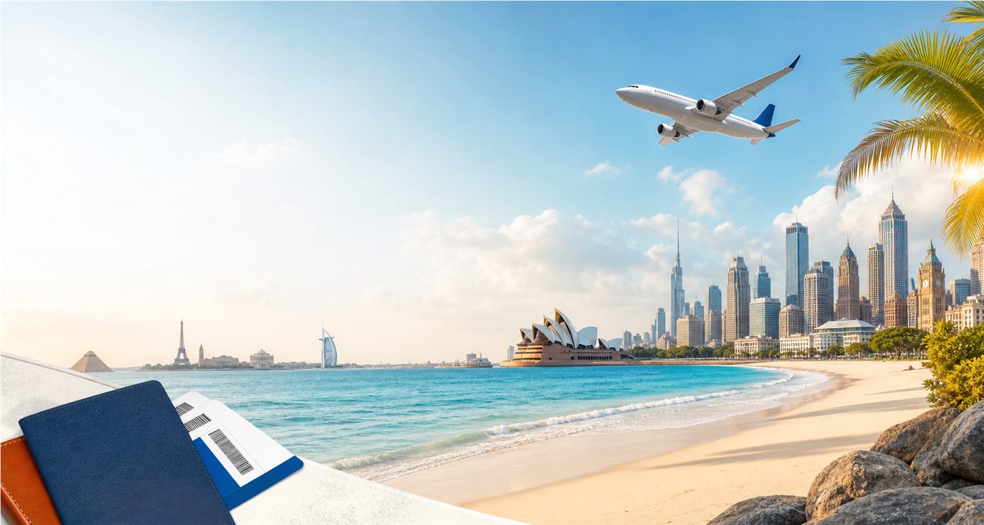 Beach, airplane and destination collage for TBS Travels